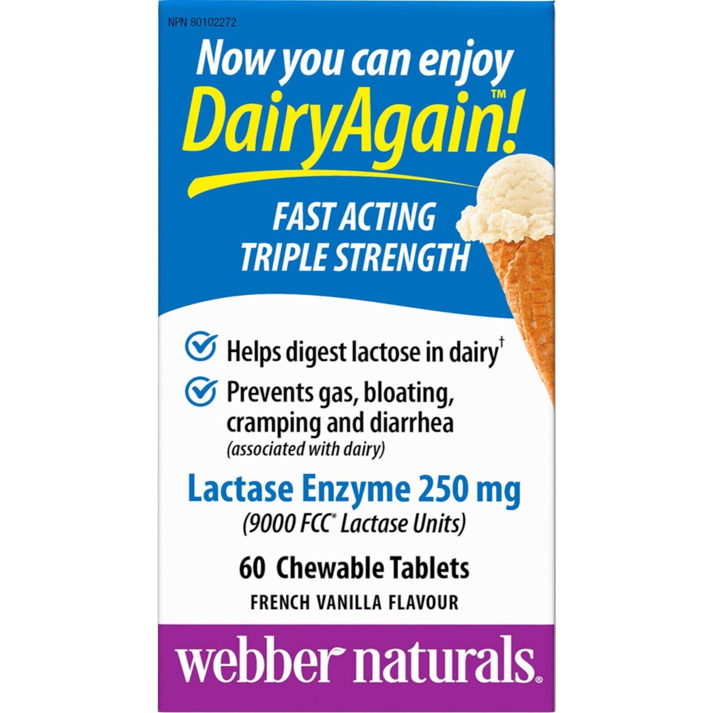 Webber Naturals 乳糖酶 强化 9000 FCC 咀嚼片 香草味 60 片 新品
