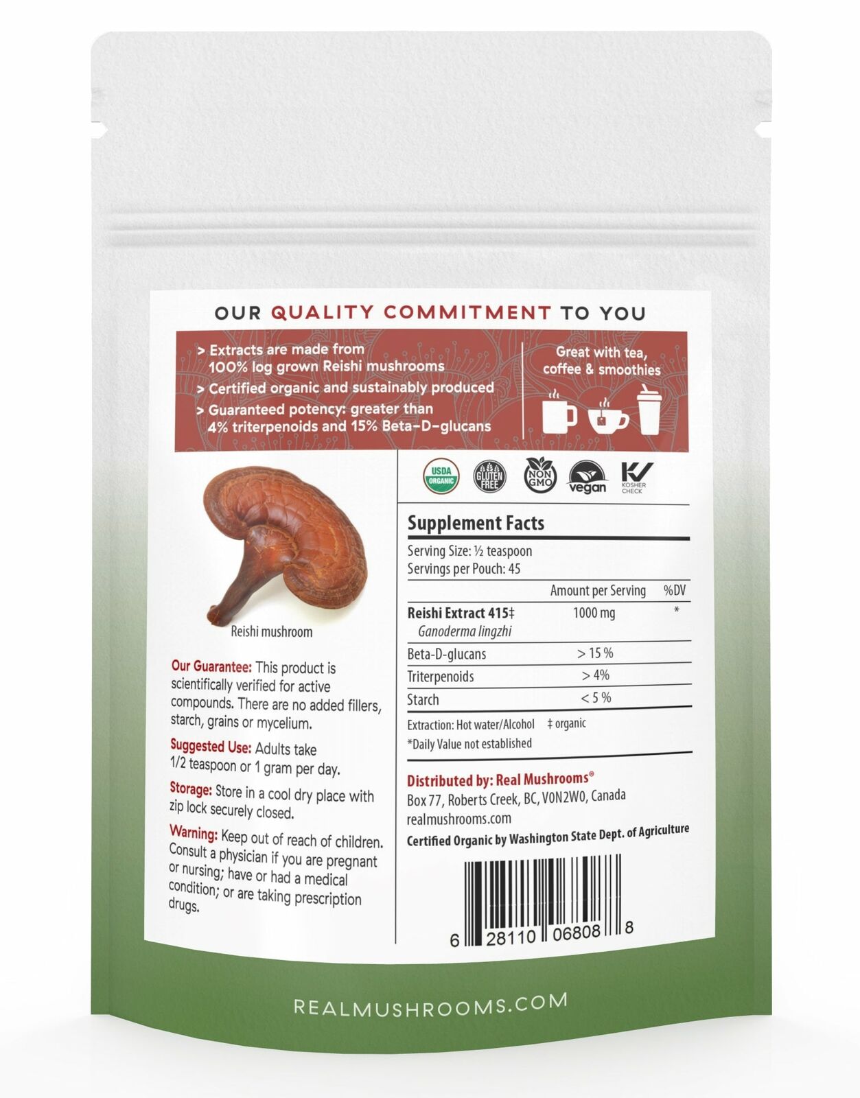 Real Mushrooms Organic Reishi Mushroom Powder Longevity Vegan NonGMO 1.59 oz NEW