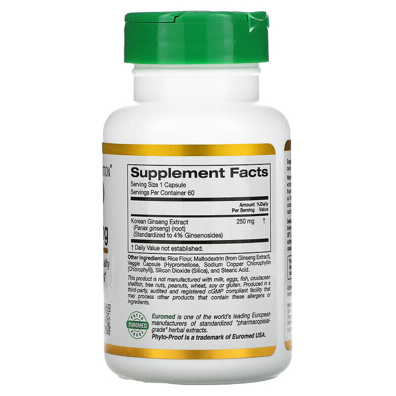 California Gold Nutrition EuroHerbs Panax Ginseng Extract Veg 250mg 60 caps NEW