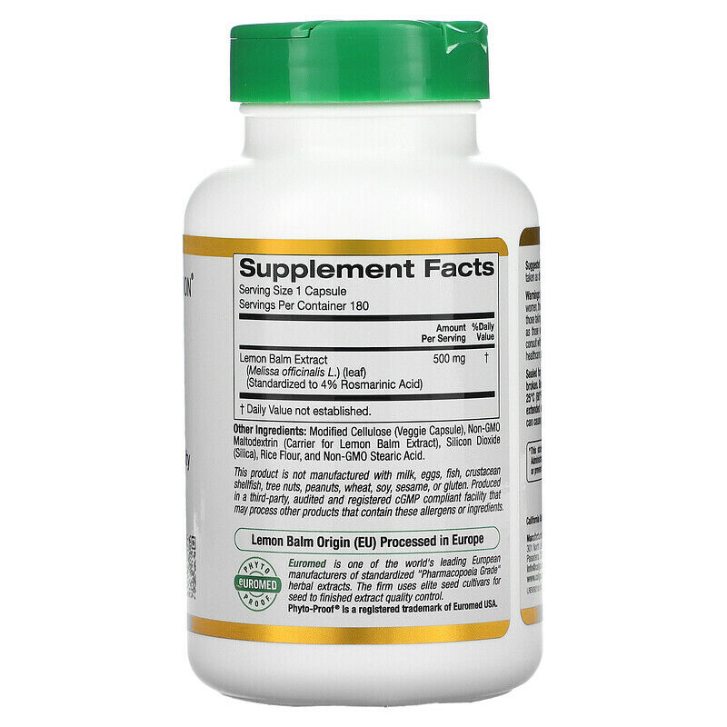California Gold Nutrition EuroHerbs Lemon Balm Extract Veg 500mg 180 caps NEW