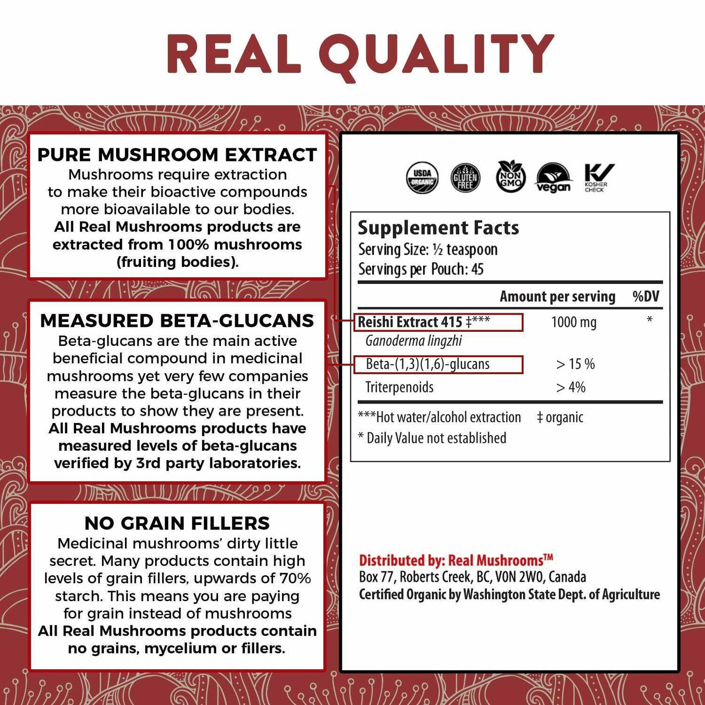 Real Mushrooms Organic Reishi Mushroom Powder Longevity Vegan NonGMO 1.59 oz NEW