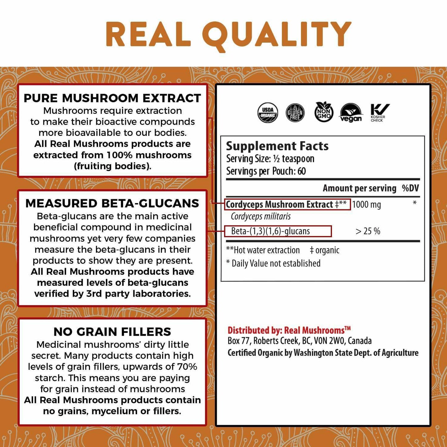 Real Mushrooms Organic Cordyceps Mushroom Extract Powder Peak Vegan 2.12 oz NEW