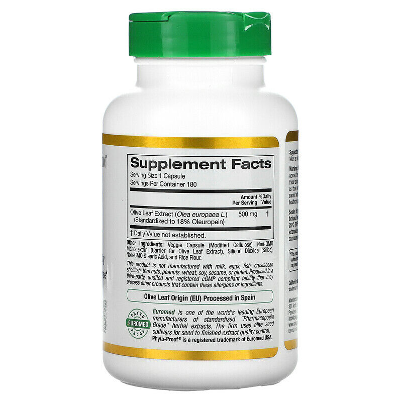 California Gold Nutrition EuroHerbs Olive Leaf Extract Veg 500mg 180 caps NEW