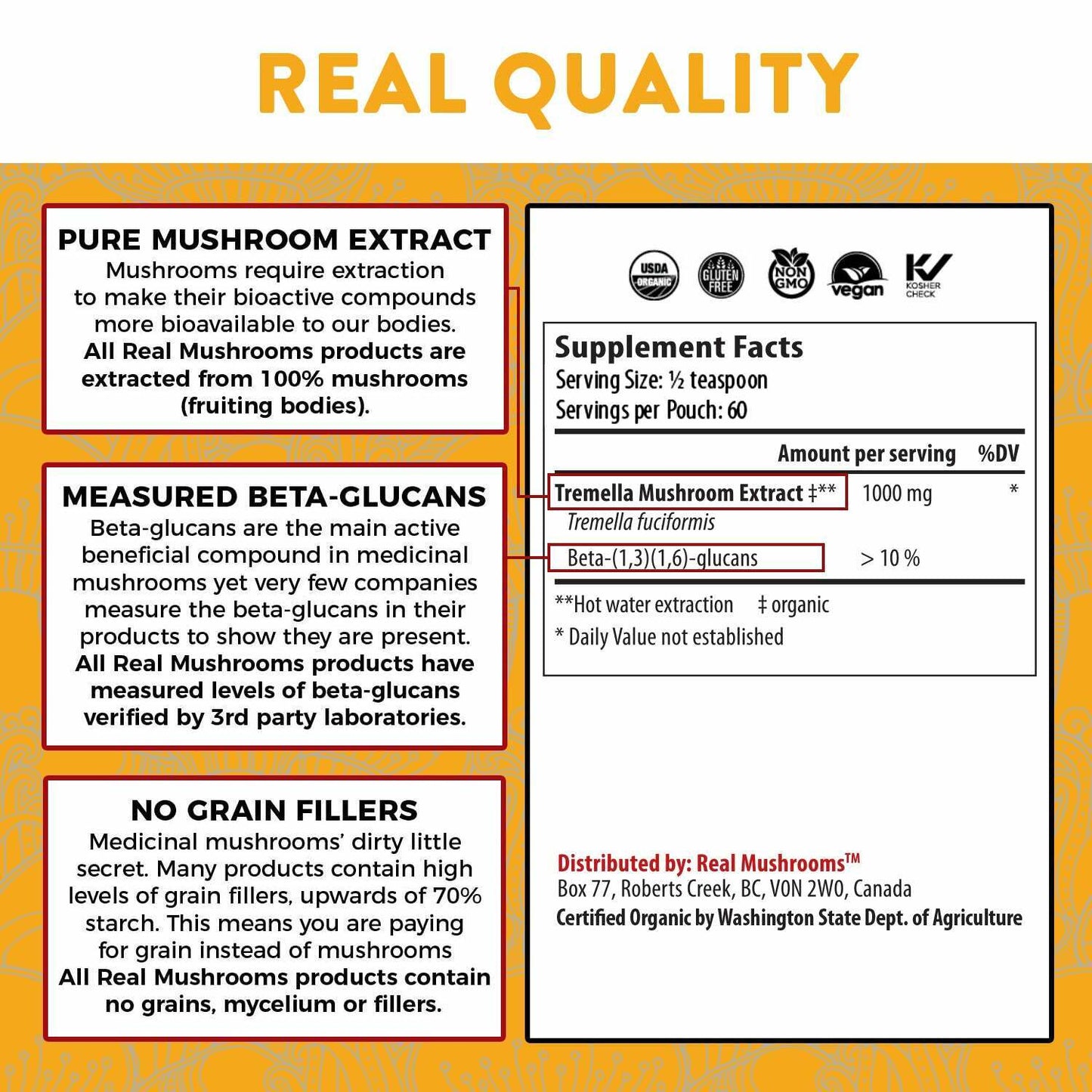 Real Mushrooms Organic Tremella Extract Rejuvenation Pure Vegan 2.12 oz NEW