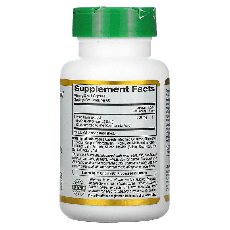 California Gold Nutrition EuroHerbs Lemon Balm Extract Veg 500mg 60 caps NEW