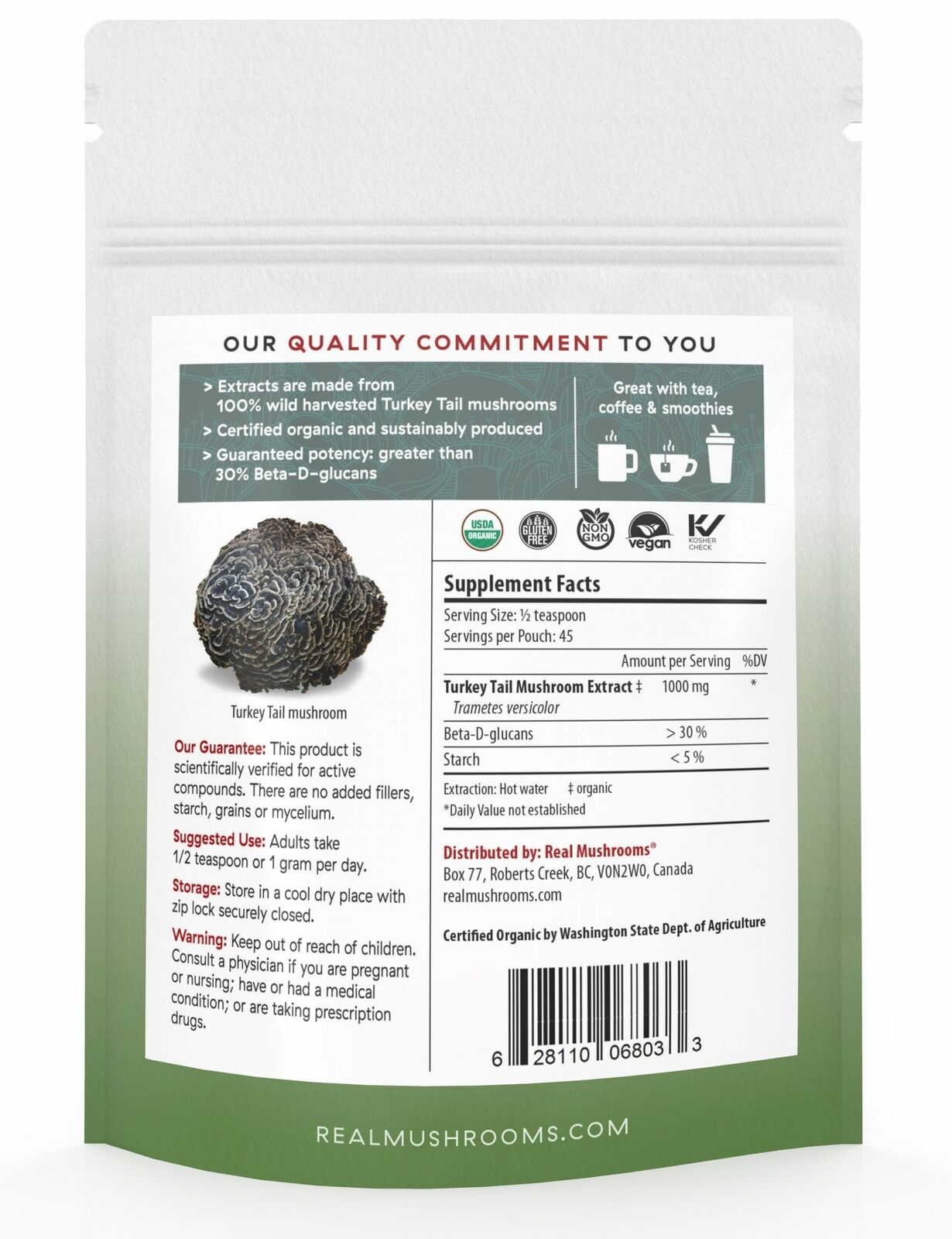 Real Mushrooms Organic Turkey Tail Extract Immune Support Vegan 1.59 oz NEW