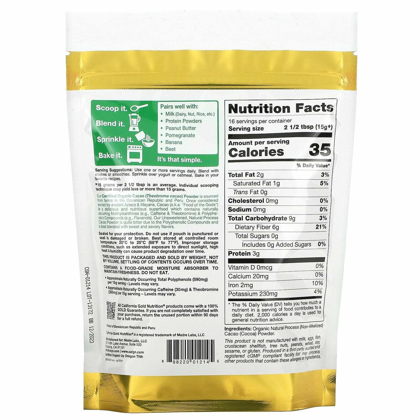 California Gold Nutrition SUPERFOODS Organic Cacao Powder Peru Sweet 8.5 oz NEW