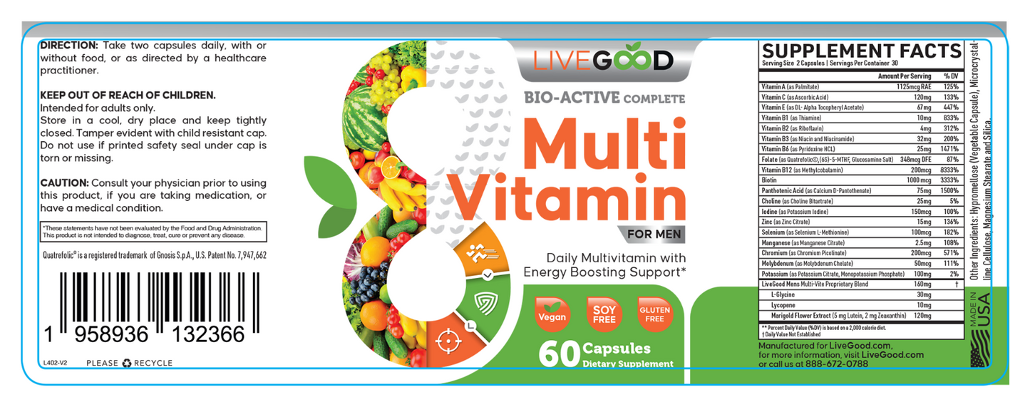 LiveGood Bio-Active Complete Multi-Vitamin For Men Cardio Healthy 60 Caps NEW