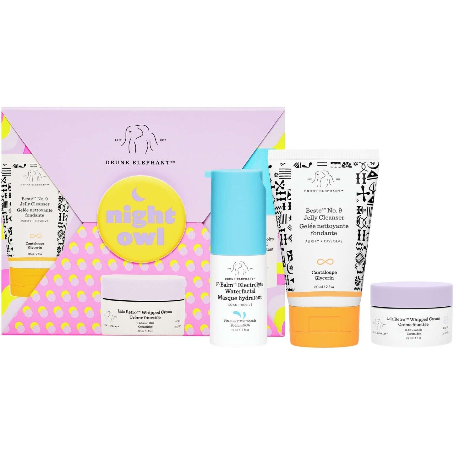 Drunk Elephant Night Kit: NIGHT OWL Jelly Rich Cream Mask Hydrated 3pcs NEW