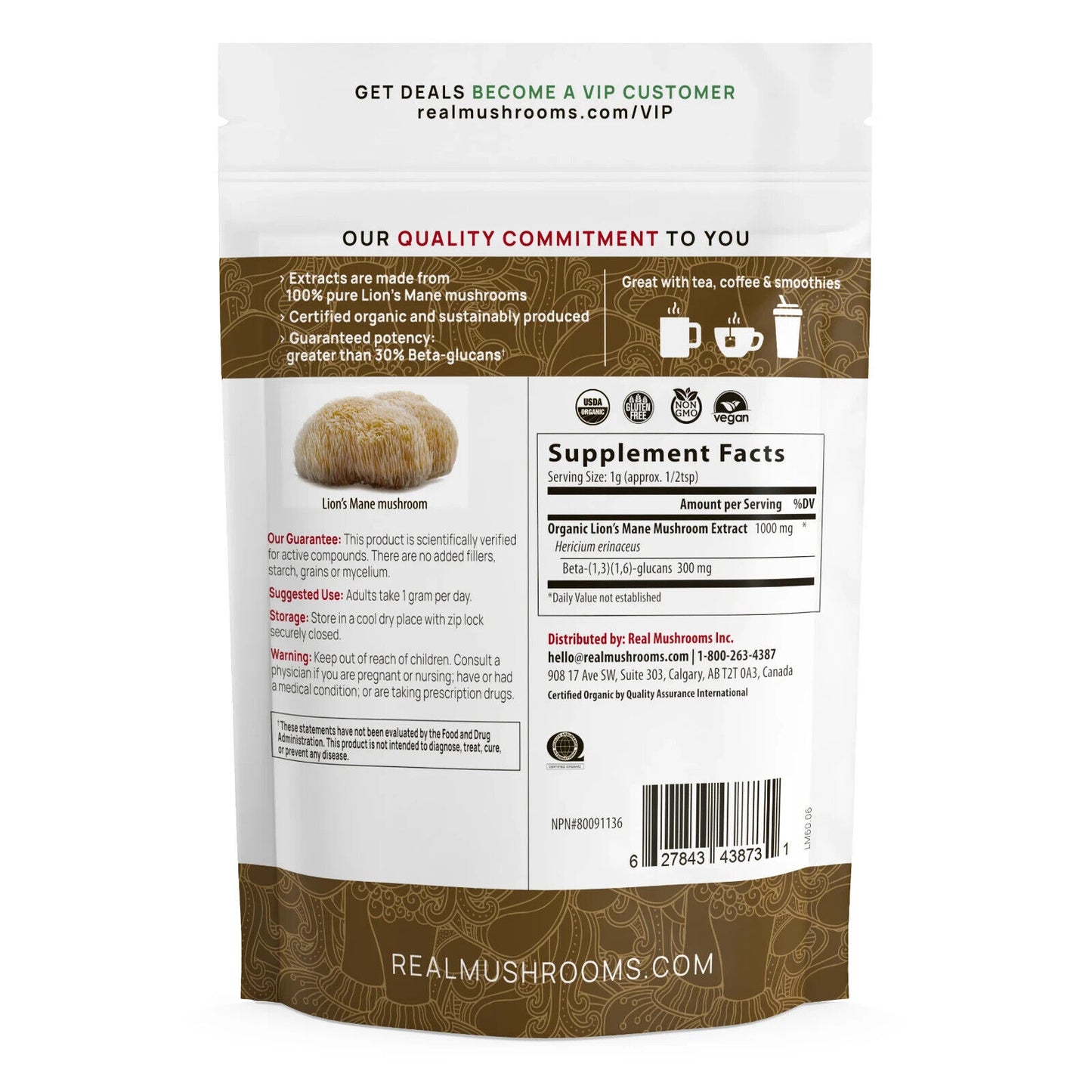 Real Mushrooms Lion's Mane for Pets Bulk Powder Organic Extracts Non-GMO 60g NEW