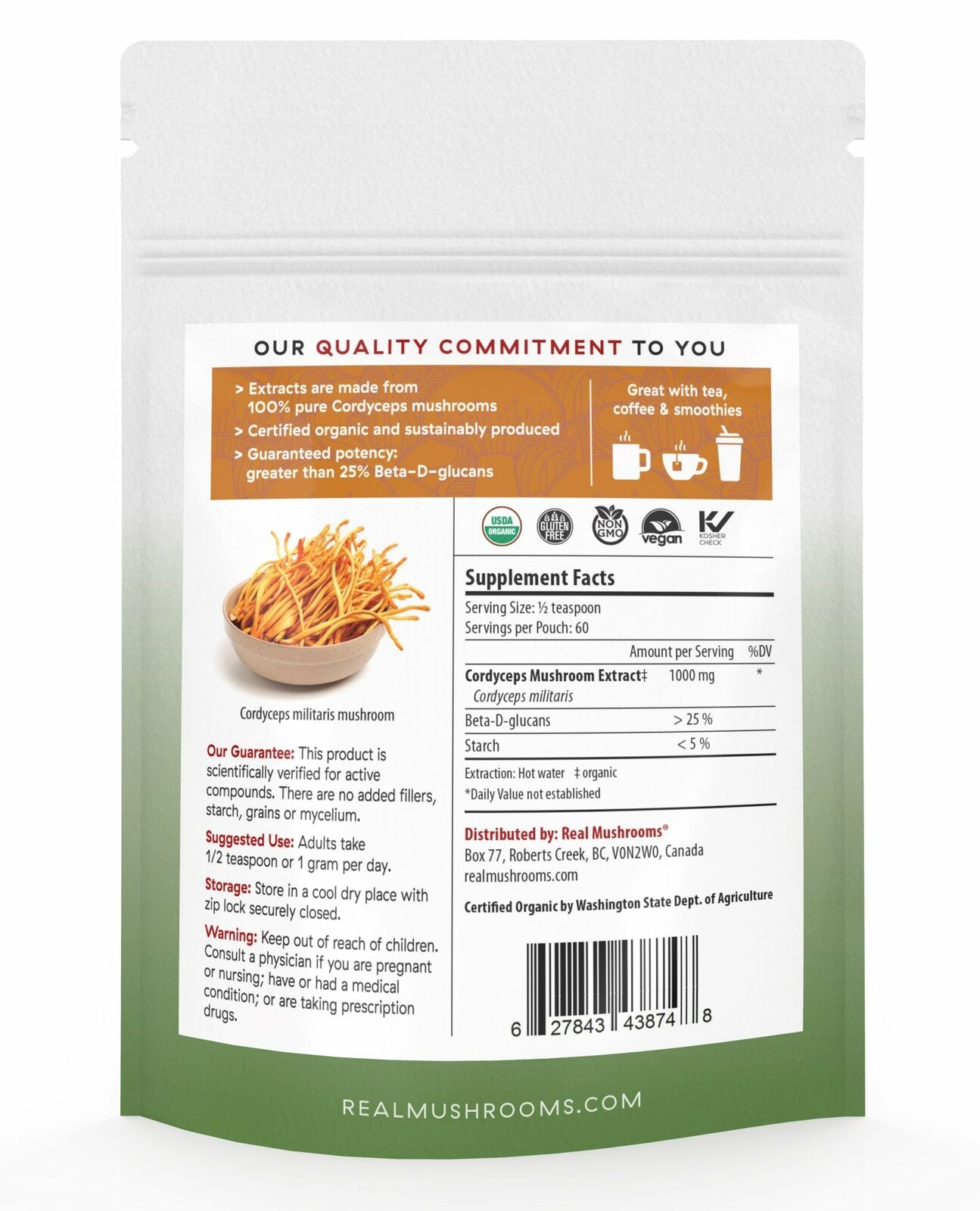 Real Mushrooms Organic Cordyceps Mushroom Extract Powder Peak Vegan 2.12 oz NEW