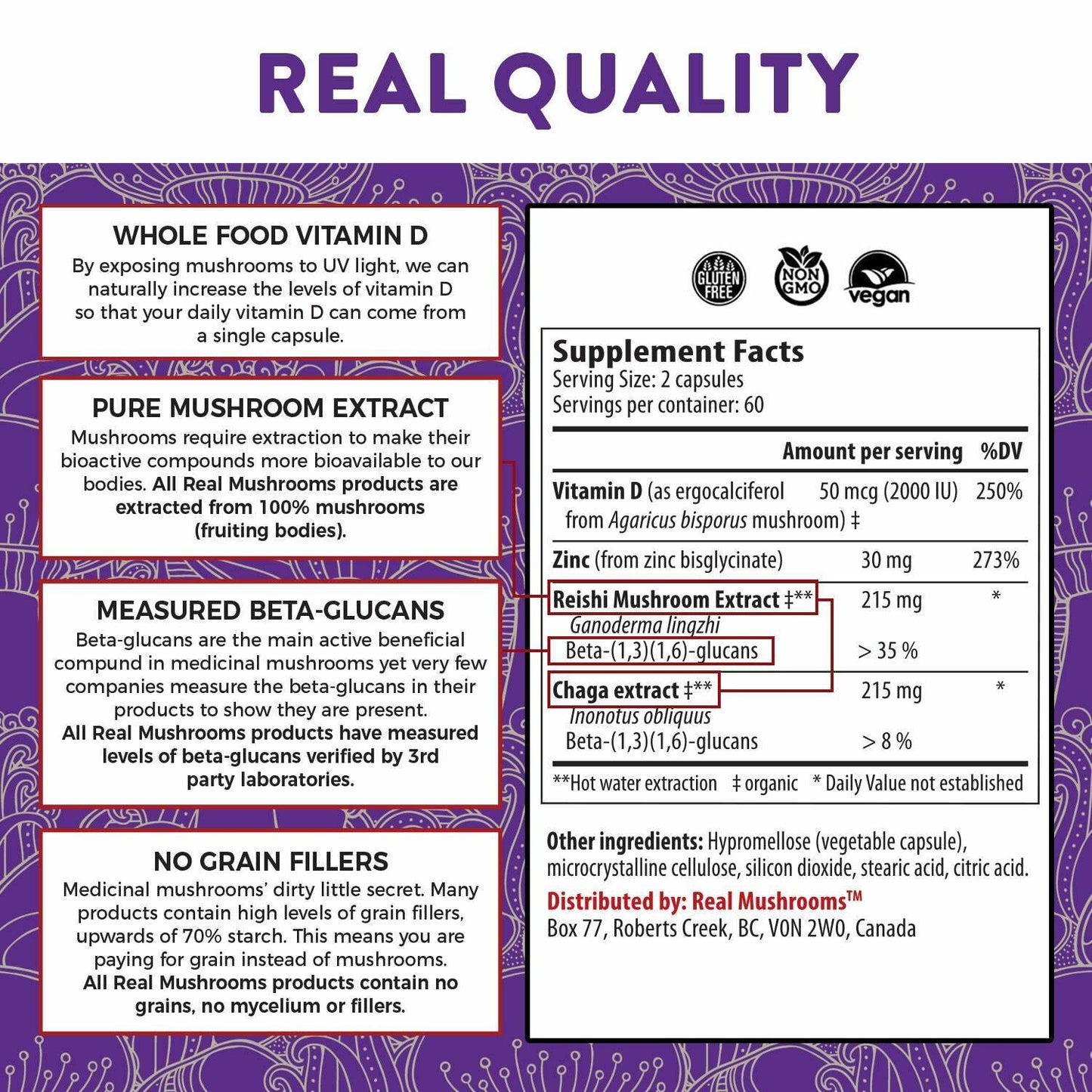 Real Mushrooms Organic Zinc Vitamin D D2Z Beta-Glucan Pure Vegan 120 caps NEW