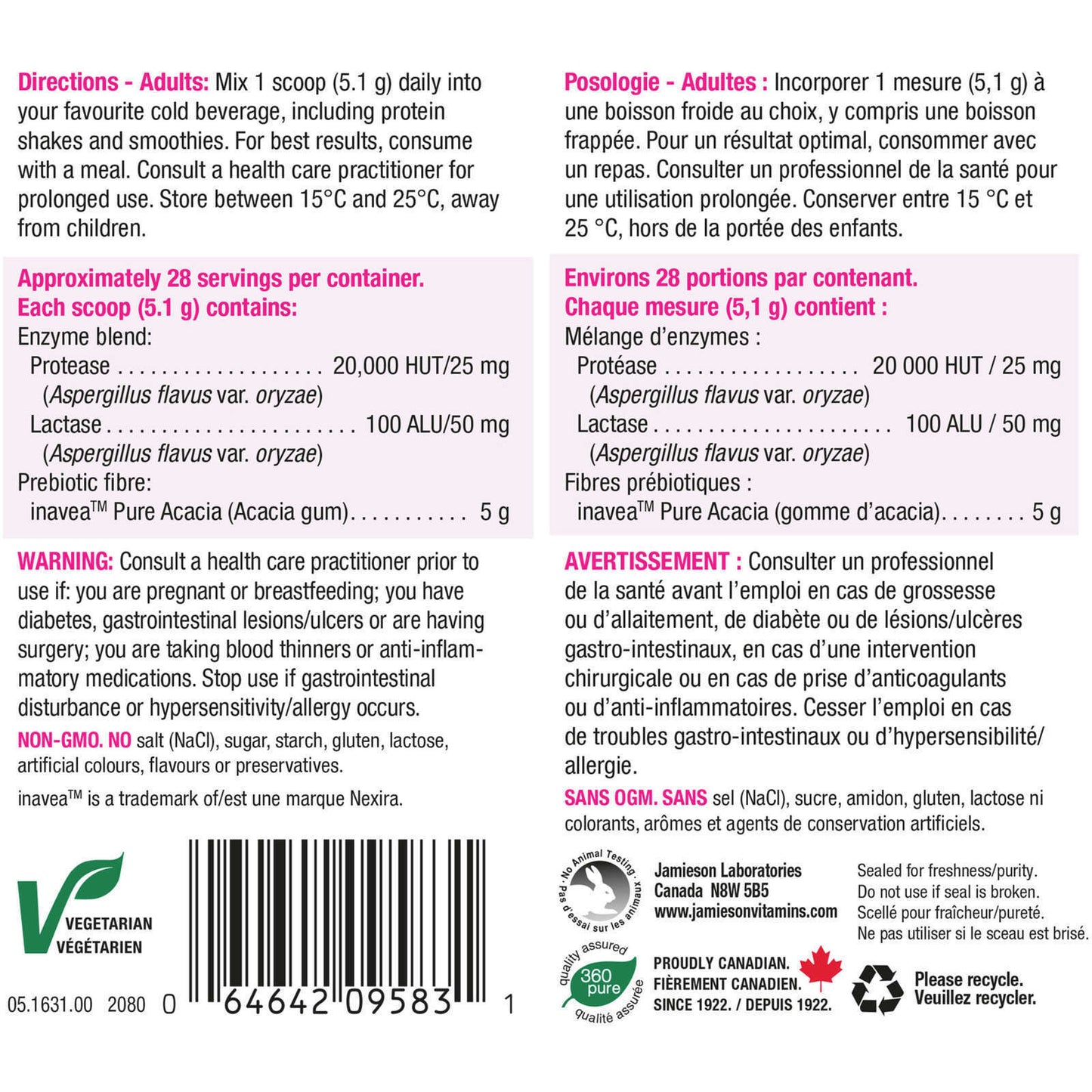 Jamieson Digestive Booster Powder Gut Health Unflavored Beverage 143g NEW