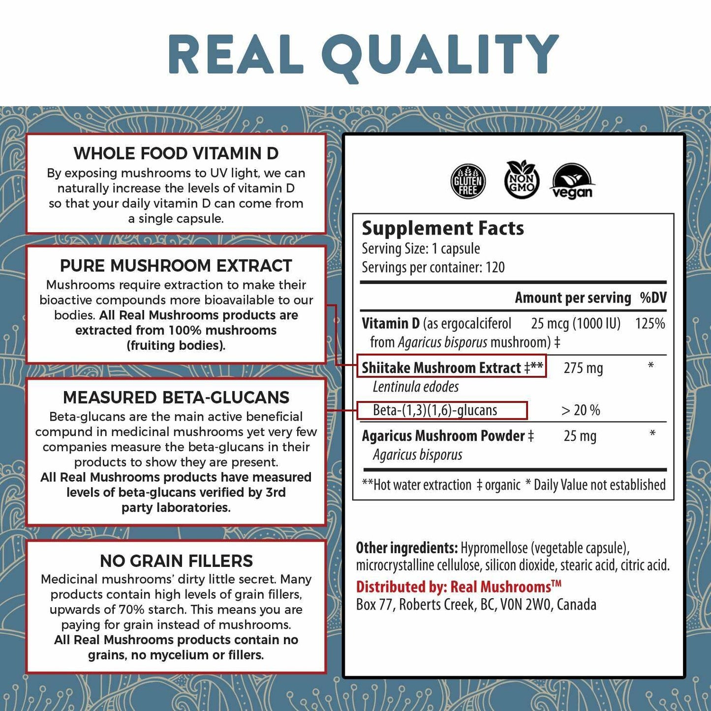 Real Mushrooms Organic Vitamin D Vegan Active Compounds Pure Vegan 120 caps NEW