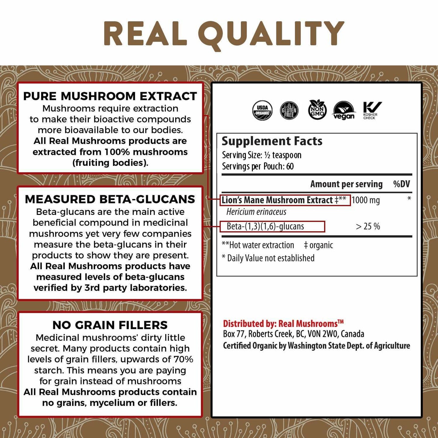 Real Mushrooms Organic Lions Mane Mushroom Powder Cognition Vegan 2.12 oz NEW
