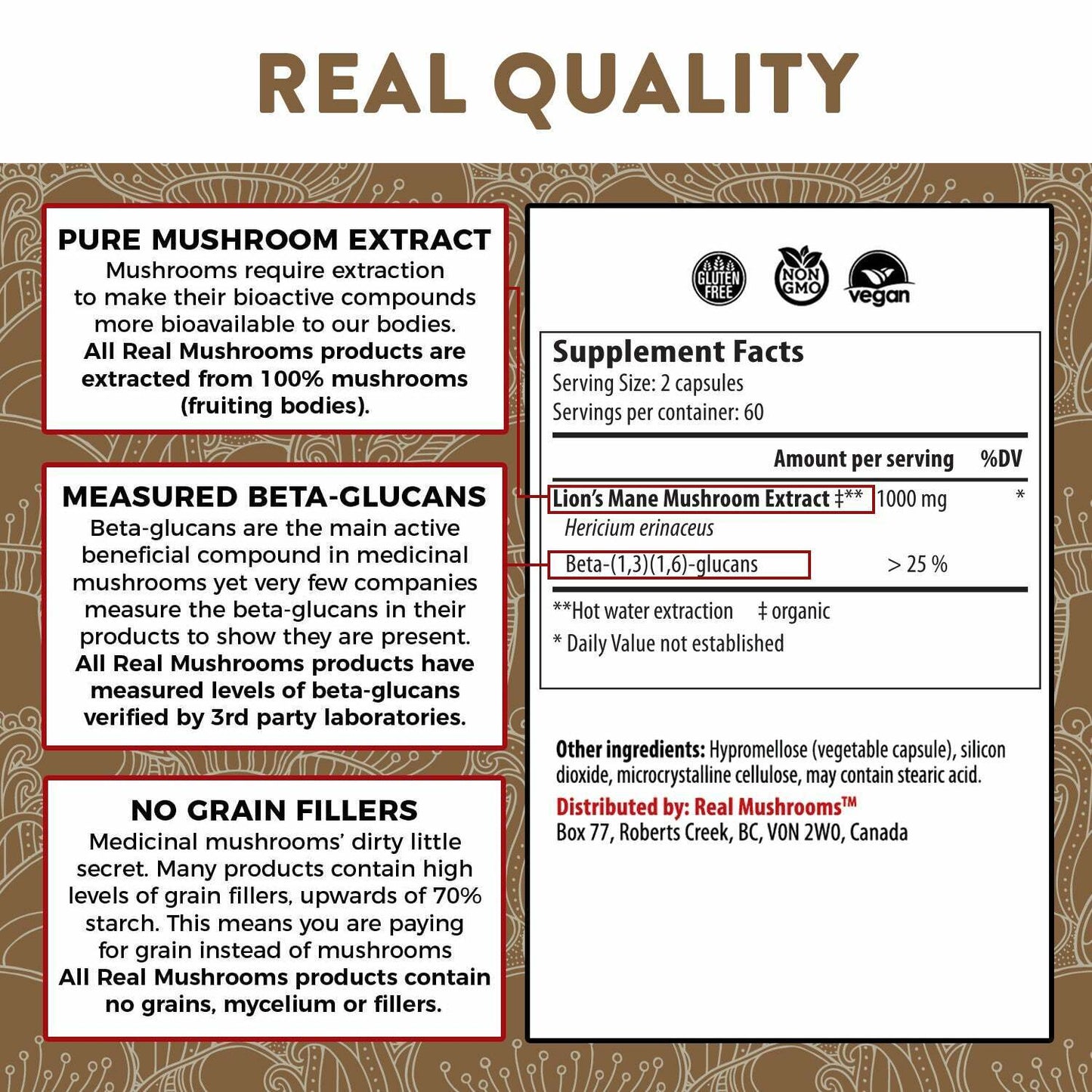 Real Mushrooms Organic Lions Mane Mushroom Extract Cognition Vegan 300 caps NEW