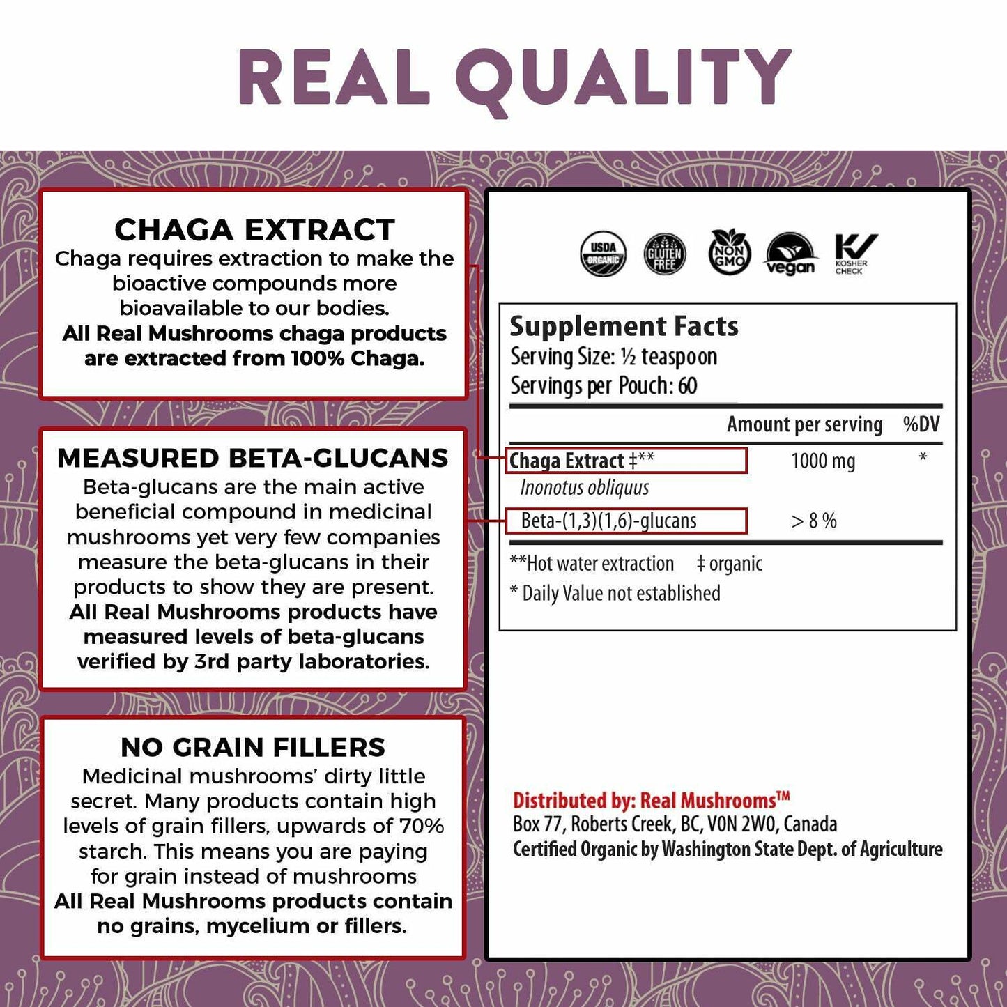 Real Mushrooms Organic Siberian Chaga Extract Powder Digestive Health 2.12oz NEW