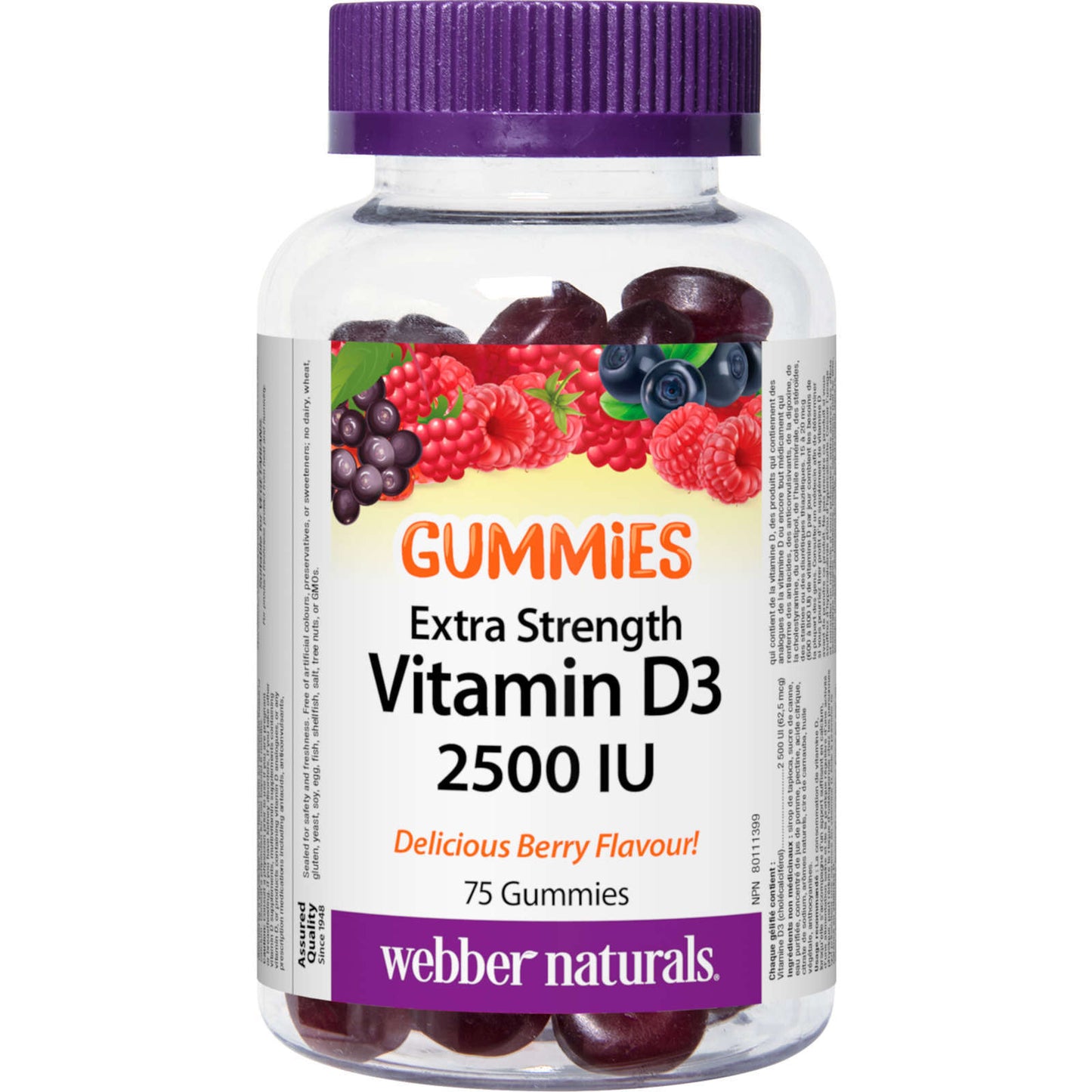 Webber Naturals 维生素 D3,2500IU 软糖,美味浆果味,75 片,全新