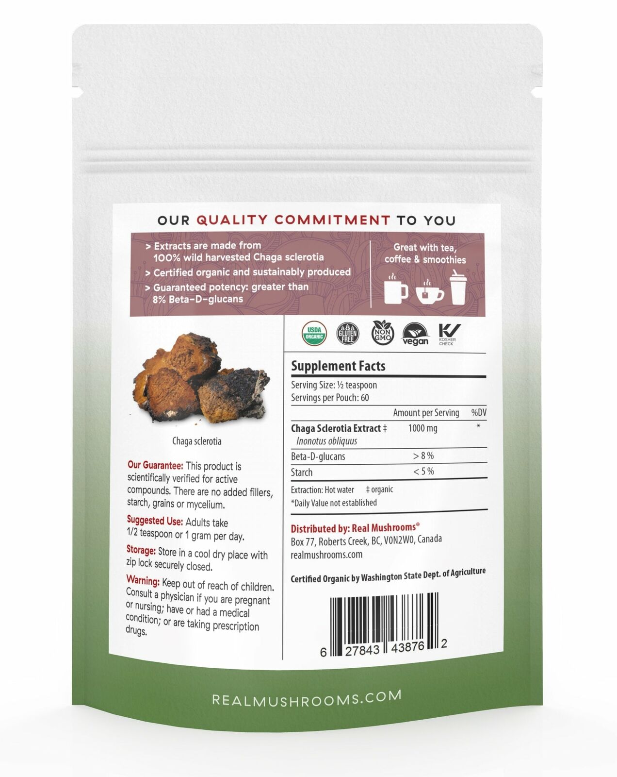Real Mushrooms Organic Siberian Chaga Extract Powder Digestive Health 2.12oz NEW