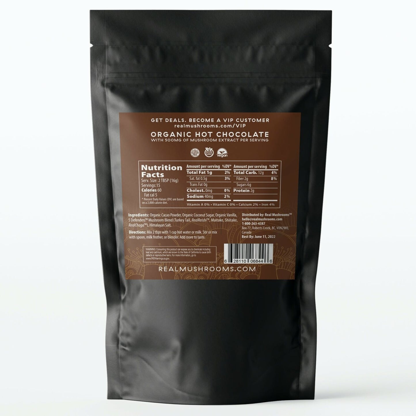 Real Mushrooms Organic Hot Chocolate Mix Heirloom Cacao Pure Vegan 240g NEW