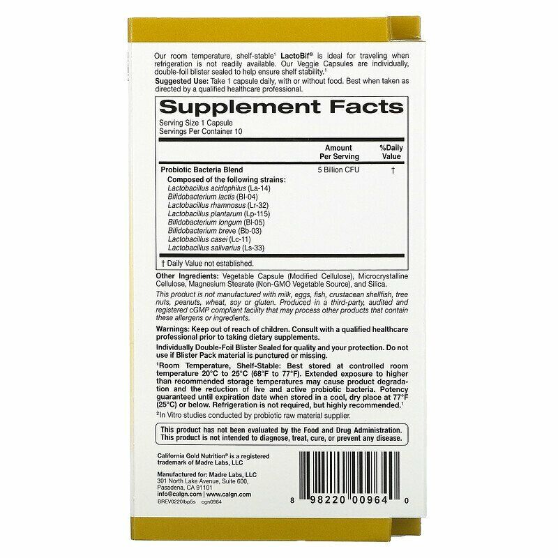 California Gold Nutrition LactoBif Probiotics 5 Billion CFU 10 Veg caps NEW