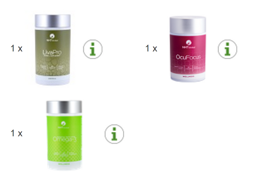 NHT Global Vision Brain Memory Package Omega 3 Acids LivaPro OcuFocus 3pcs NEW