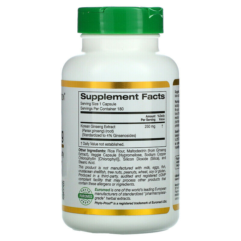 California Gold Nutrition EuroHerbs Panax Ginseng Extract Veg 250mg 180 caps NEW