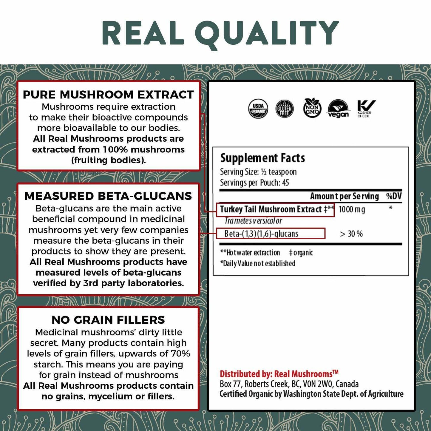 Real Mushrooms Organic Turkey Tail Extract Immune Support Vegan 1.59 oz NEW