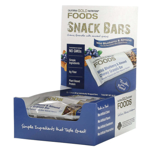 California Gold Nutrition FOODS Wild Blueberry Almond Chewy 12 Bars 480g NEW