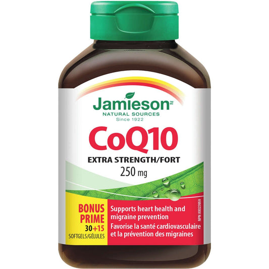 Jamieson CoQ10 250 mg Extra Strength Boosts Heart Function Migraine 45 pcs NEW