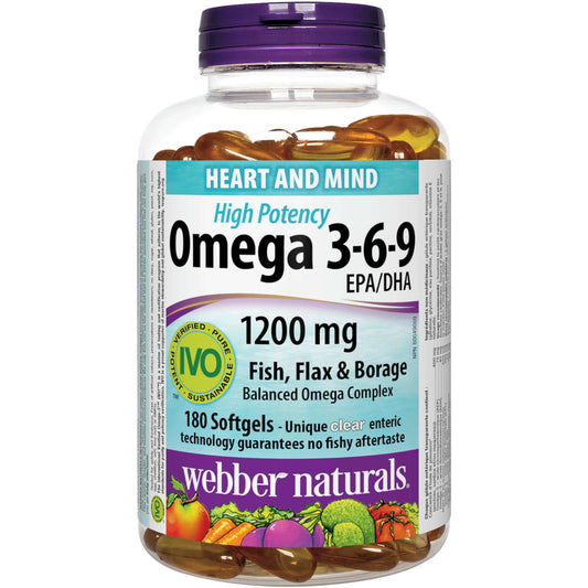 Webber Naturals Omega 3-6-9 High Potency 1200mg Fish Flax Borage 180 pcs NEW