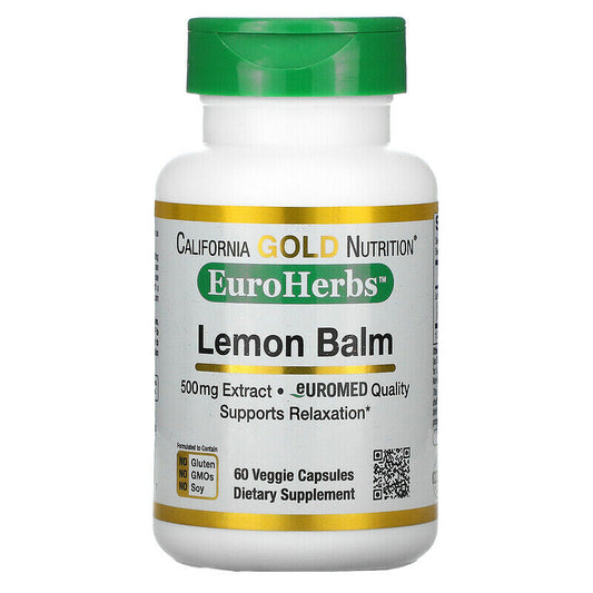 California Gold Nutrition EuroHerbs Lemon Balm Extract Veg 500mg 60 caps NEW