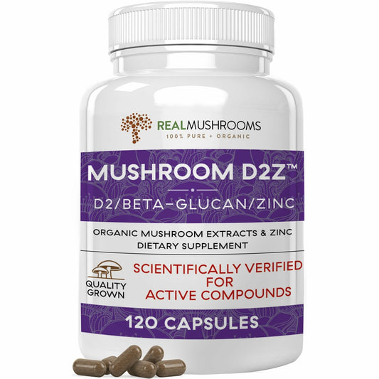 Real Mushrooms Organic Zinc Vitamin D D2Z Beta-Glucan Pure Vegan 120 caps NEW