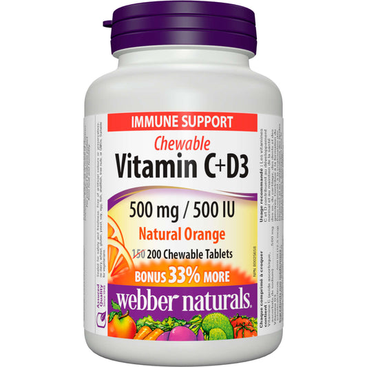 Webber Naturals Vitamin C+D3 500 mg / 500 IU Natural Orange Chewable 200pcs NEW