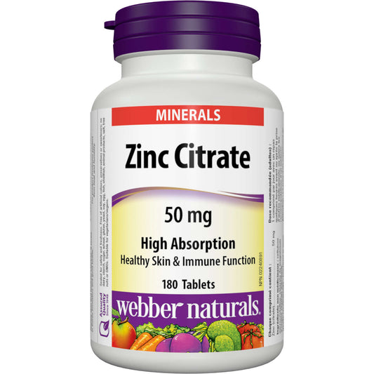 Webber Naturals Zinc Citrate 50 mg Human Metabolism Immunity Skin 180pcs NEW