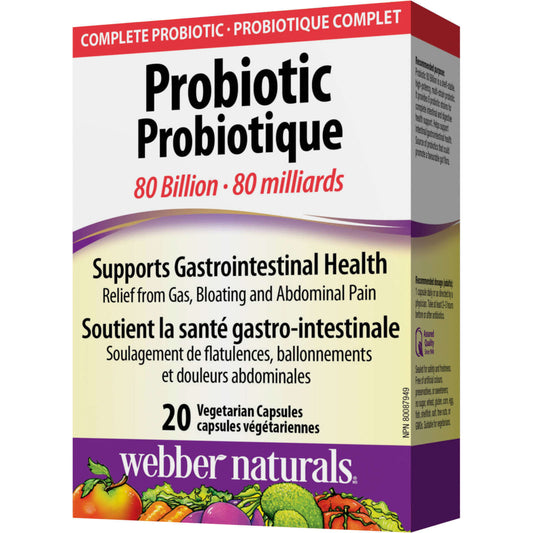 Webber Naturals Probiotic 80 Billion 8 Probiotic Strains Gas Bloat 20 Caps NEW