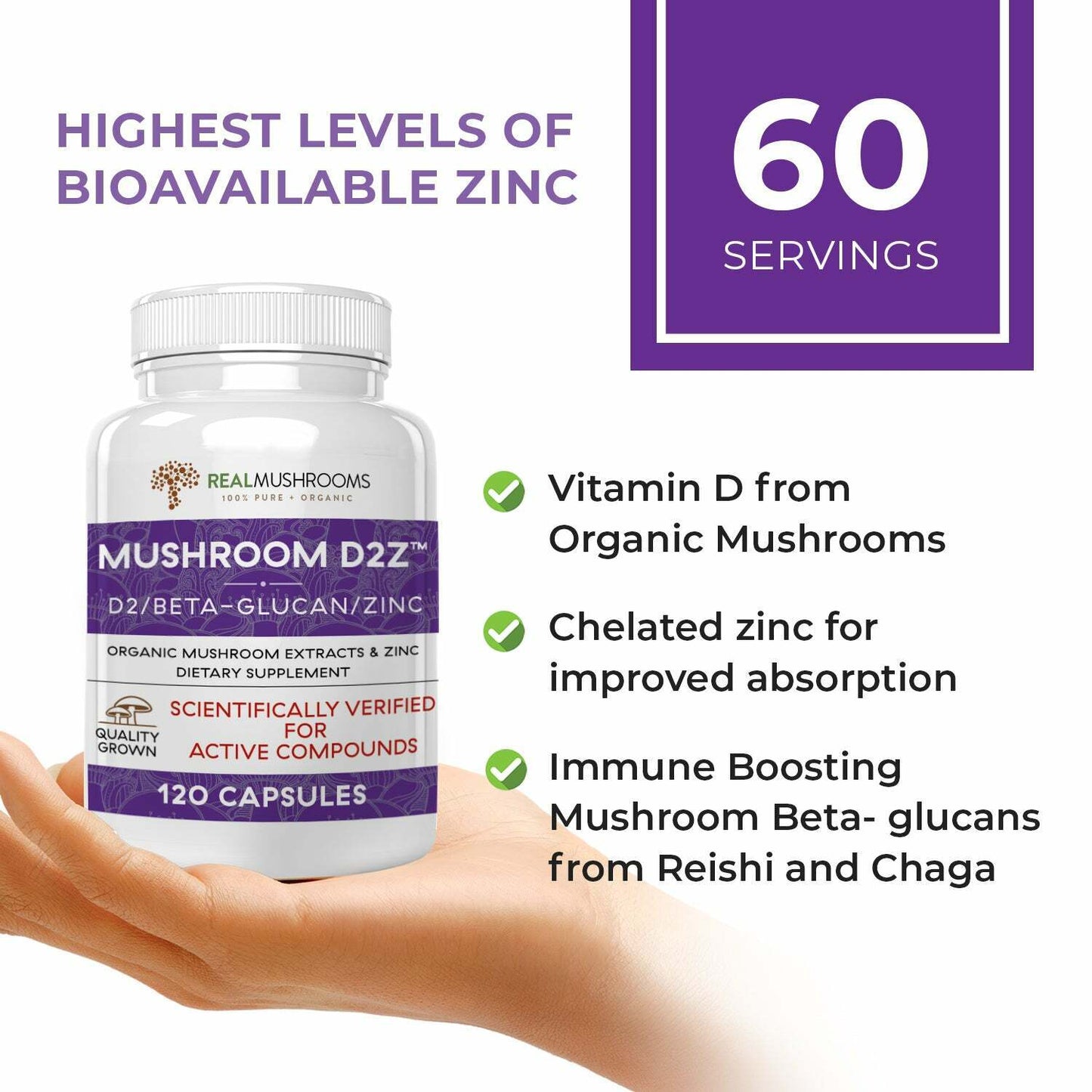 Real Mushrooms Organic Zinc Vitamin D D2Z Beta-Glucan Pure Vegan 120 caps NEW
