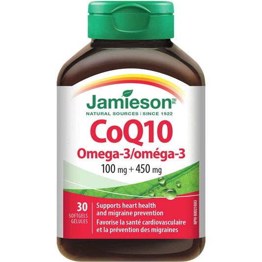 Jamieson CoQ10 100 mg with Omega-3 450 mg Heart Function Migraine 30 pcs NEW