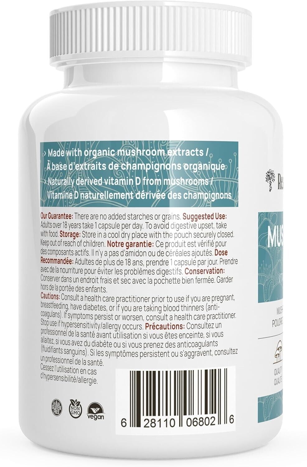 Real Mushrooms Organic Vitamin D2 Extract Kosher Non-GMO Pure Vegan 120 caps NEW