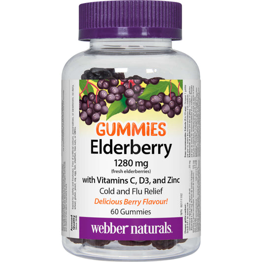 Webber Naturals Elderberry Gummies with Vitamins C D3 and Zinc Flu 60 pcs NEW
