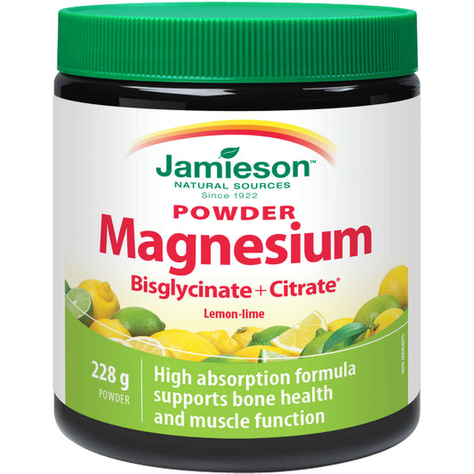 Jamieson Magnesium Bisglycinate Plus Citrate Powder Lemon Lime Flavor 228g NEW