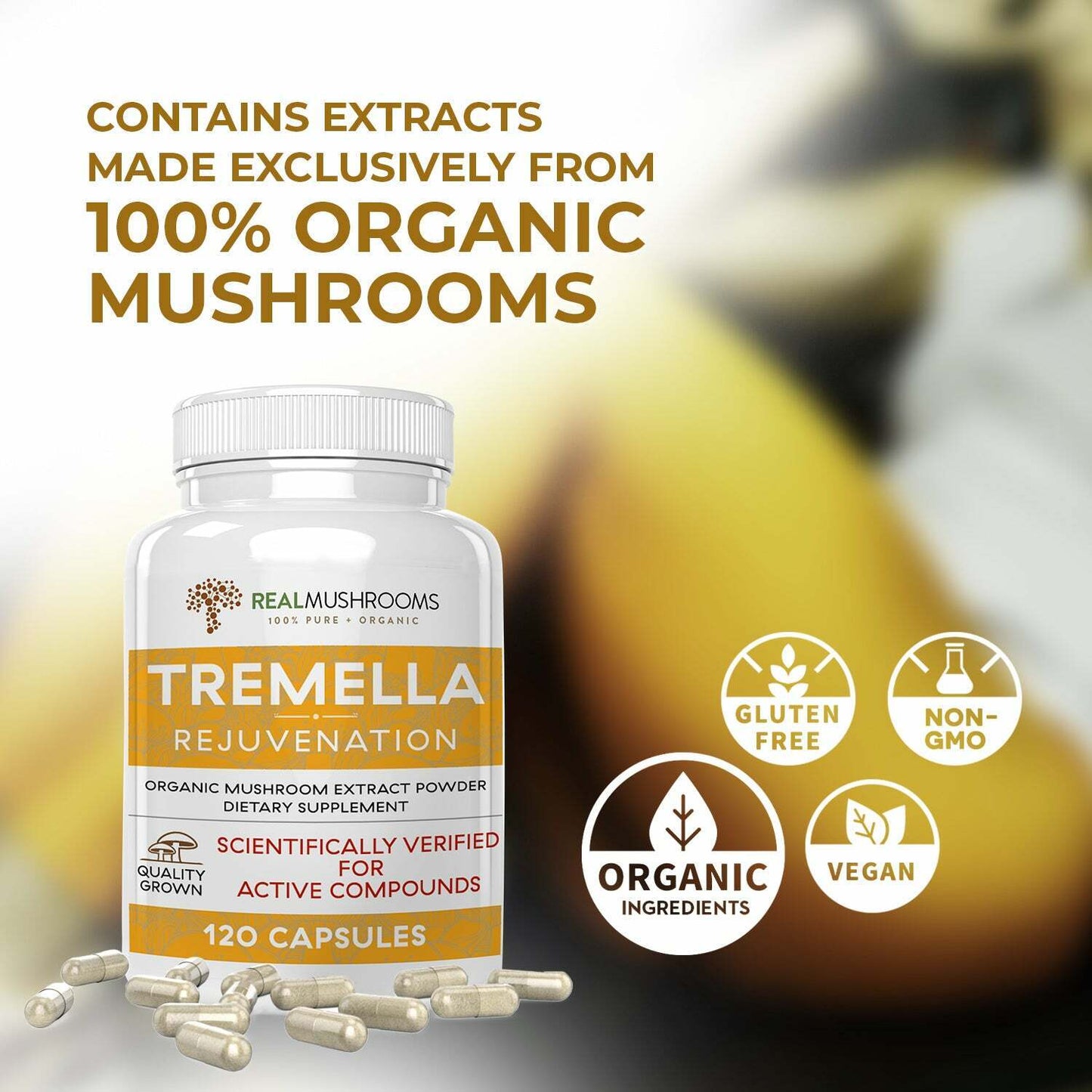 Real Mushrooms Organic Tremella Extract Rejuvenation Pure Vegan 120 caps NEW