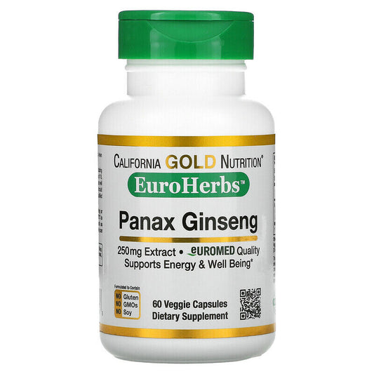 California Gold Nutrition EuroHerbs Panax Ginseng Extract Veg 250mg 60 caps NEW
