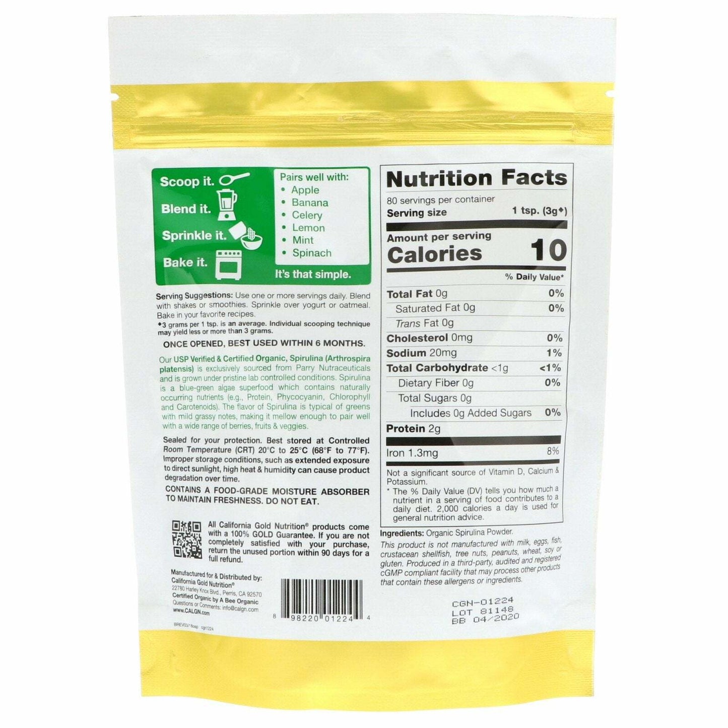 California Gold Nutrition Superfoods Organic Spirulina Powder Quality 8.5 oz NEW