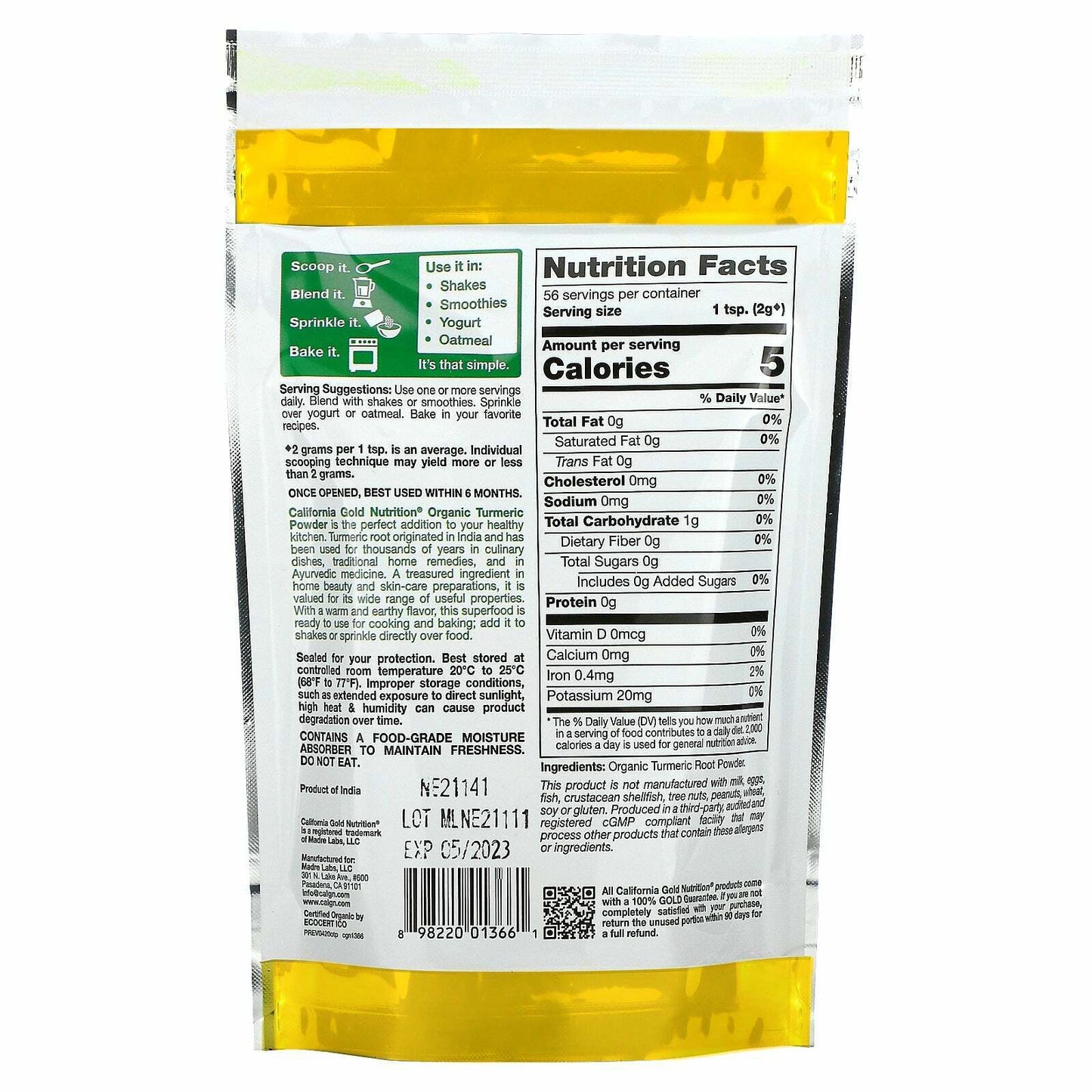 California Gold Nutrition Superfoods Organic Tumeric Powder Indian 4 oz NEW
