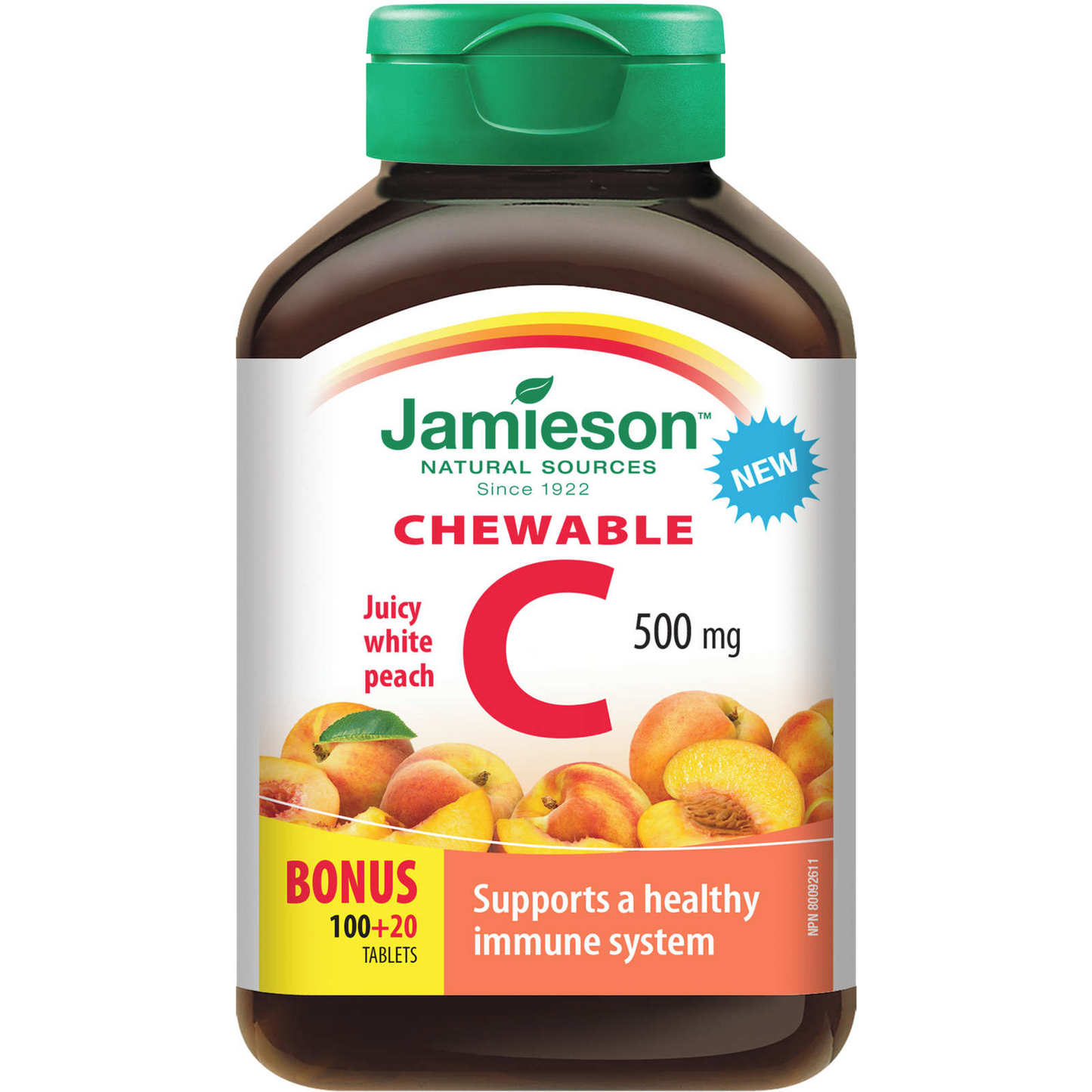 Jamieson Chewable Vitamin C 500 mg White Juicy Peach Immune Health 120pcs NEW