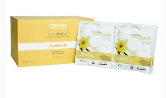 Box of 28 single serve pouches USANA Vanilla Nutrimeal Weight Loss Protein